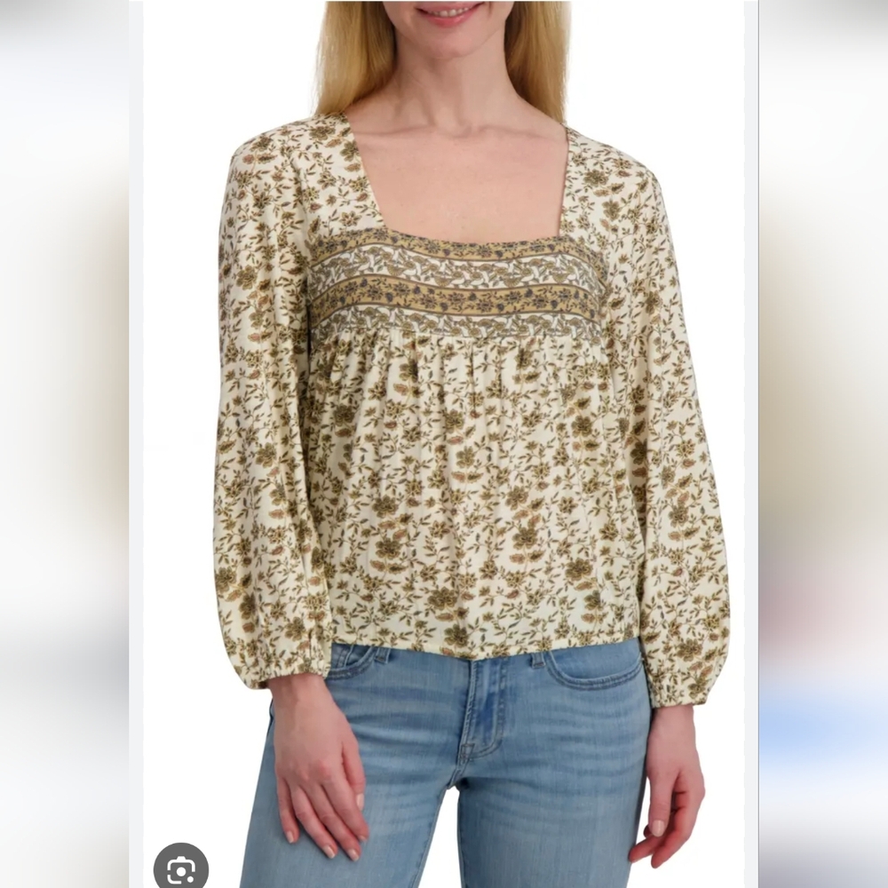 Lucky Brand Floral Long Sleever Bubble Hem Cotton Top